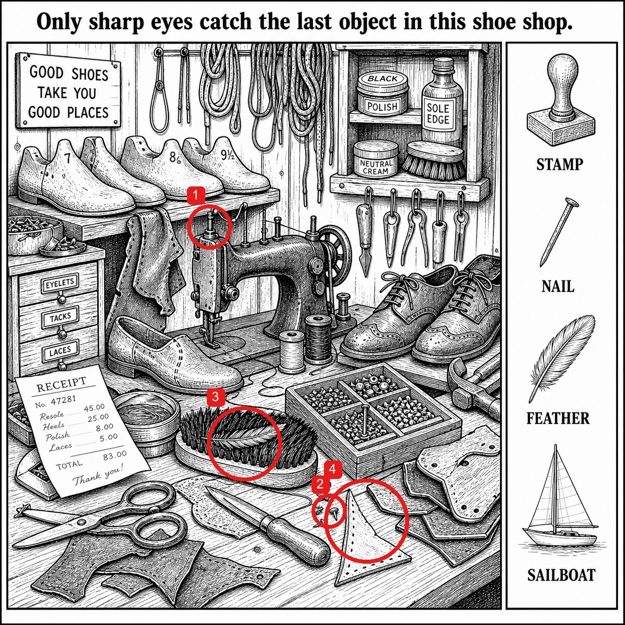 Can You Find All 4 Objects in the Shoe Repair Shop? answer image