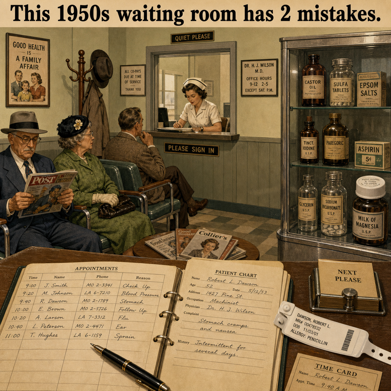 Two Mistakes in This 1950s Doctor's Waiting Room: Answer