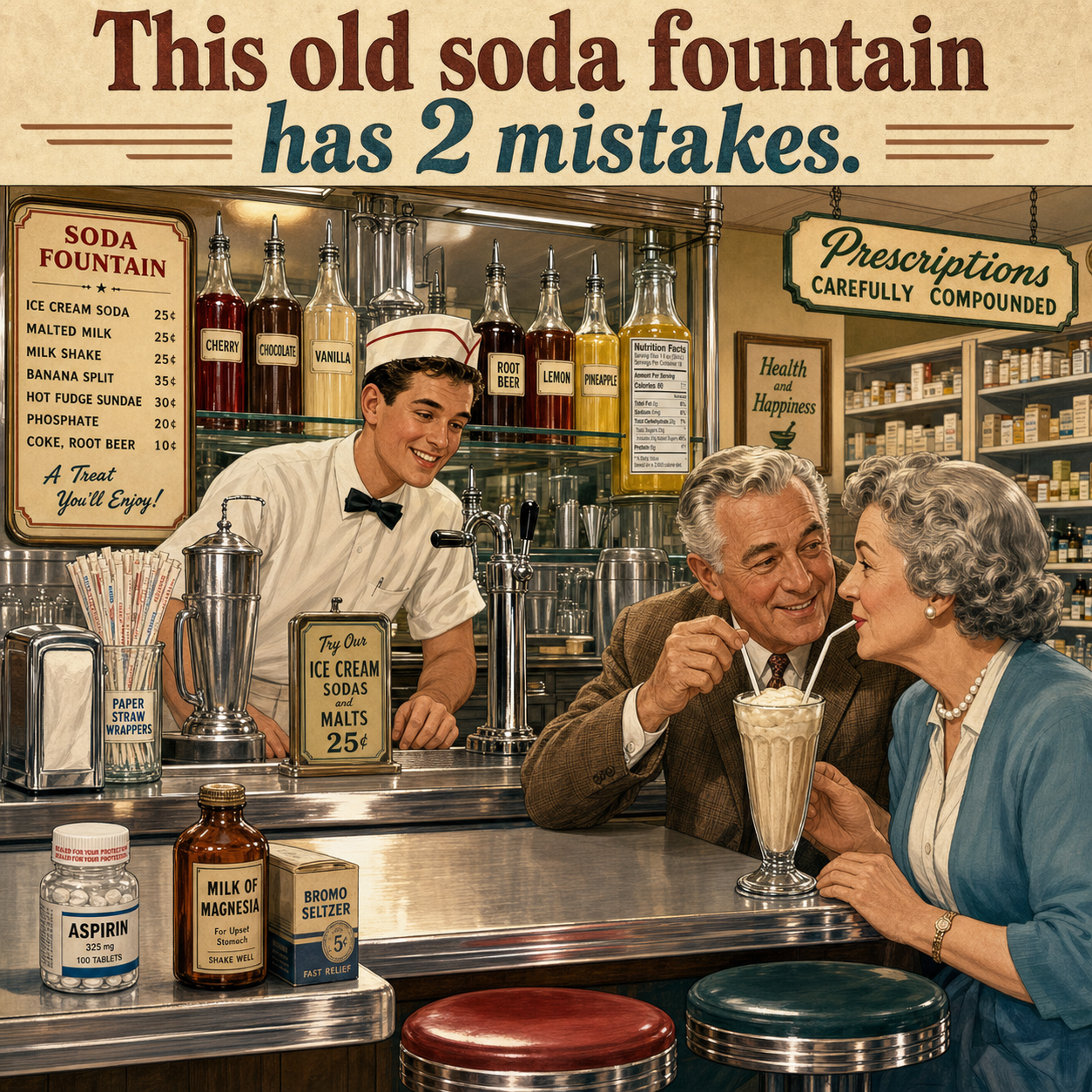 Two Mistakes in This Old Pharmacy Soda Fountain: Answer