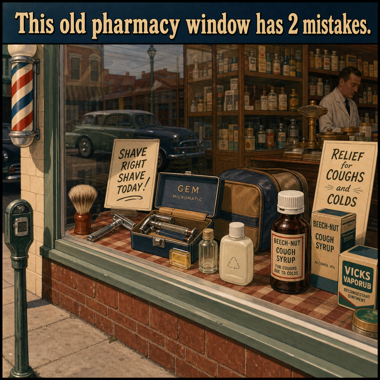 Two Mistakes in This Old Pharmacy Window: Answer