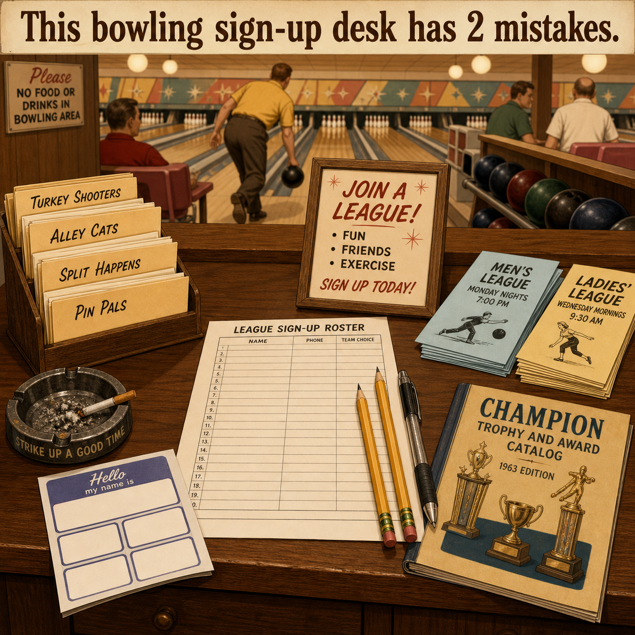 Two Mistakes at This Bowling Sign-Up Desk: Answer