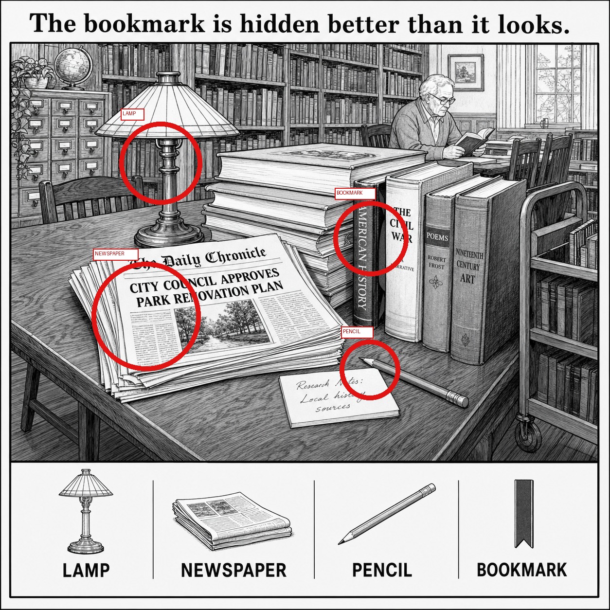 Can You Find the Hidden Bookmark in the Library? answer image