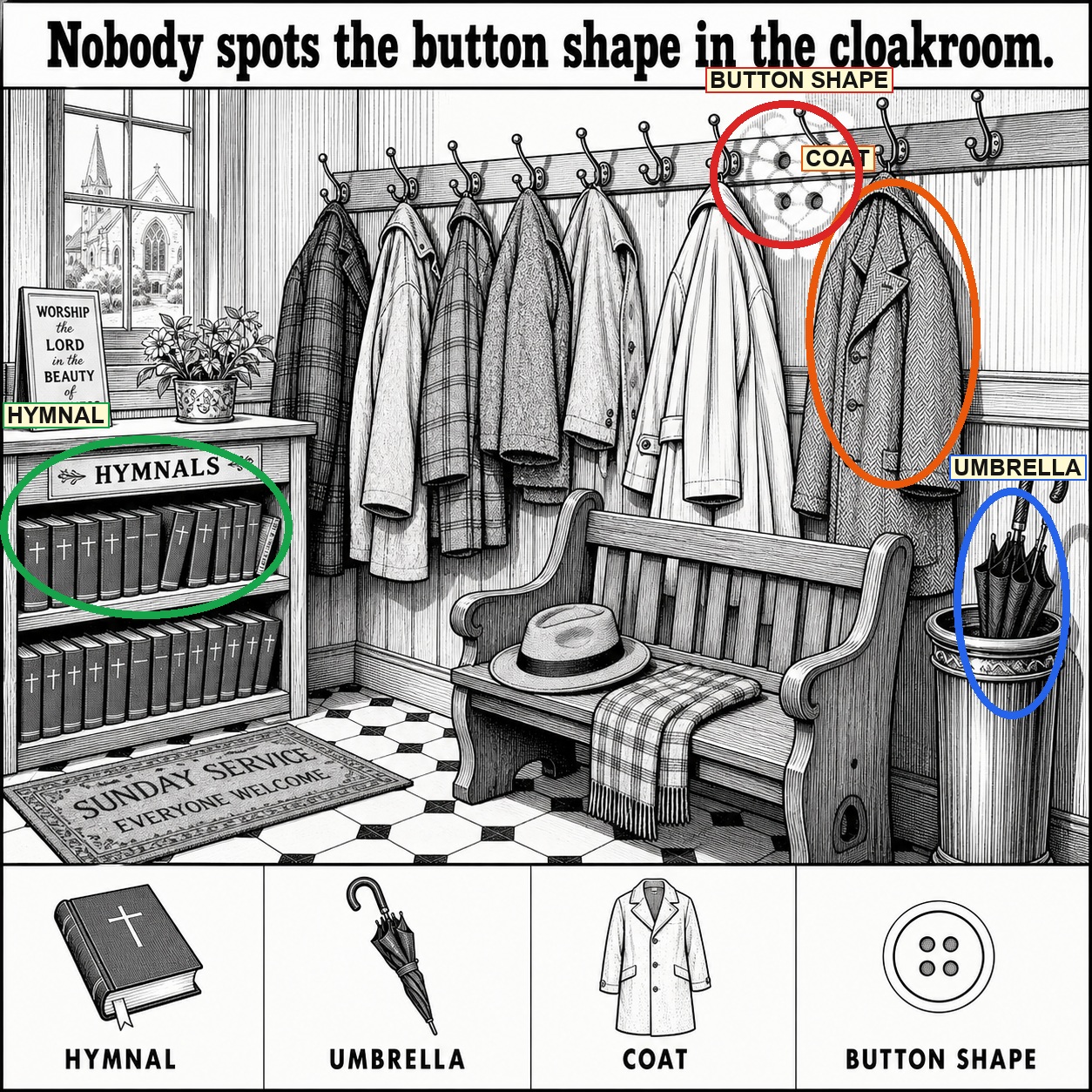 Can You Find the Button Shape in the Cloakroom? answer image
