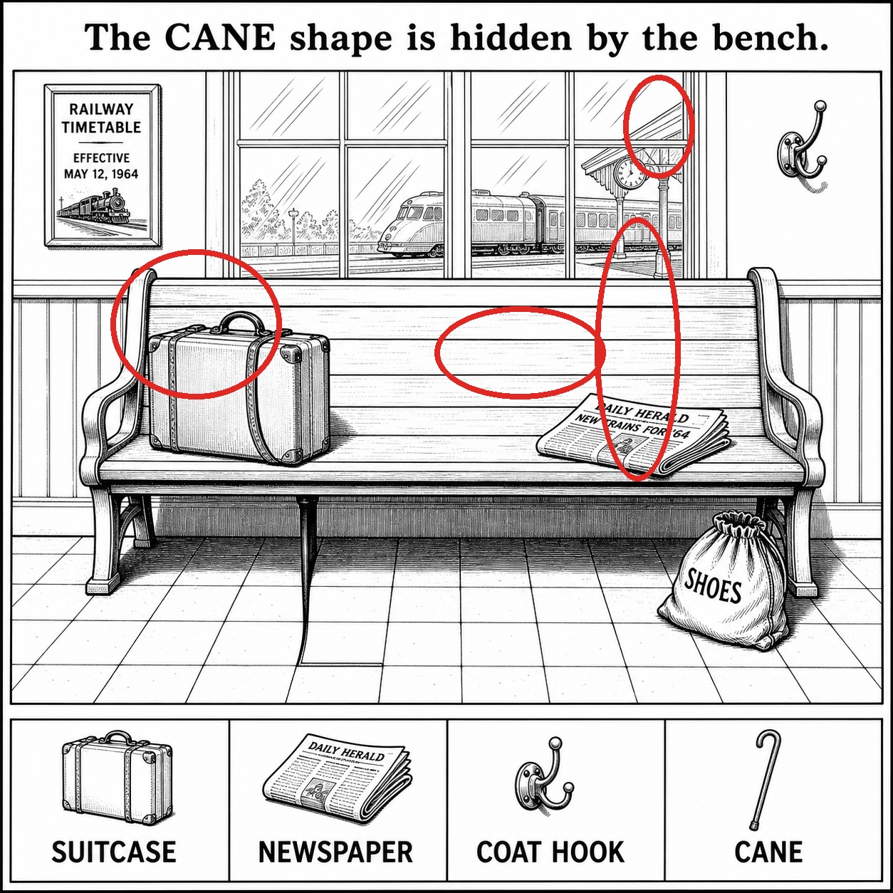 Can You Find the Cane Shape by the Bench? answer image