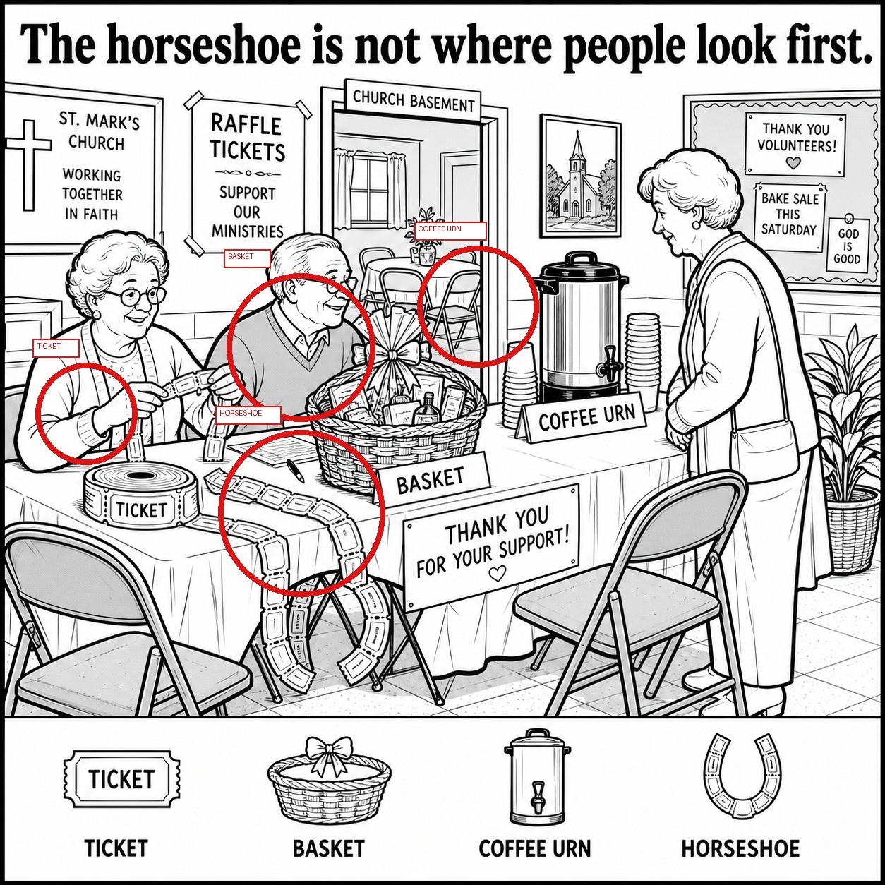 Can You Find the Hidden Horseshoe at the Raffle Table? answer image
