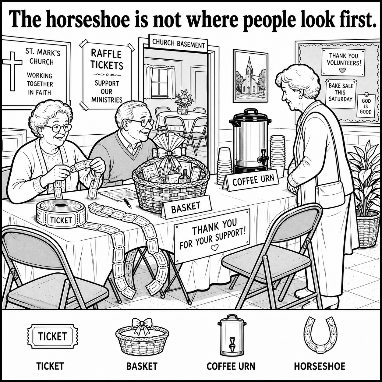 Can You Find the Hidden Horseshoe at the Raffle Table?
