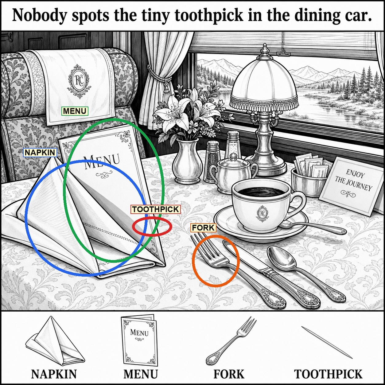 Can You Find the Tiny Toothpick in the Dining Car? answer image