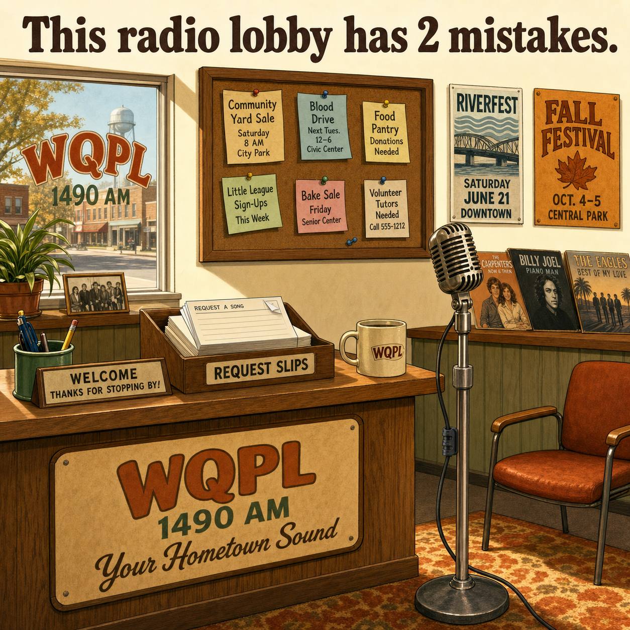 Two Mistakes in This Radio Station Lobby: Answer