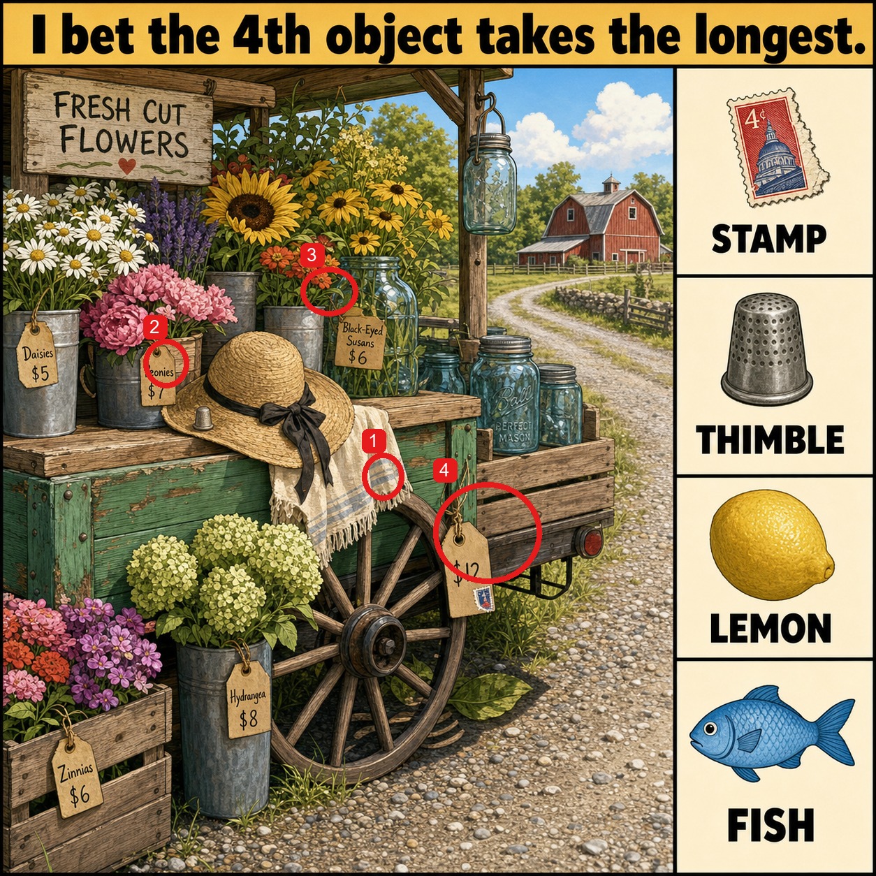 Can You Find All 4 Objects at the Flower Wagon? answer image