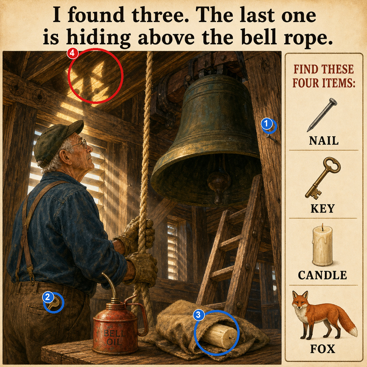 Can You Find All 4 Objects in the Church Bell Loft? answer image