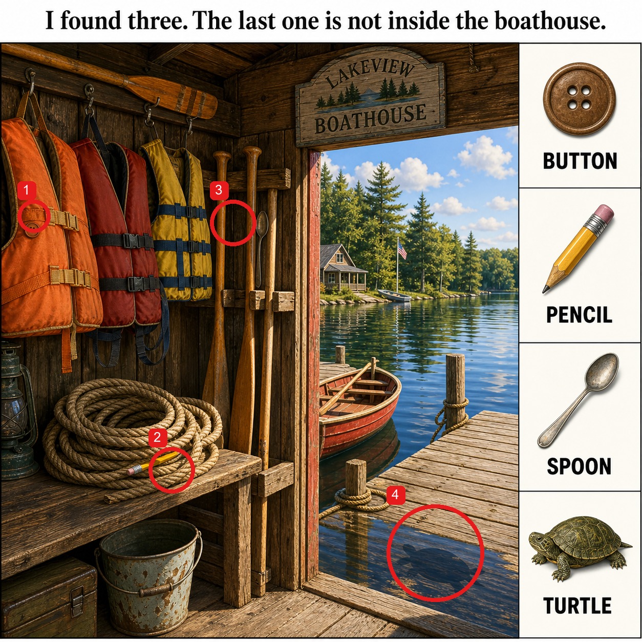 Can You Find All 4 Objects at the Lakeside Boathouse? answer image