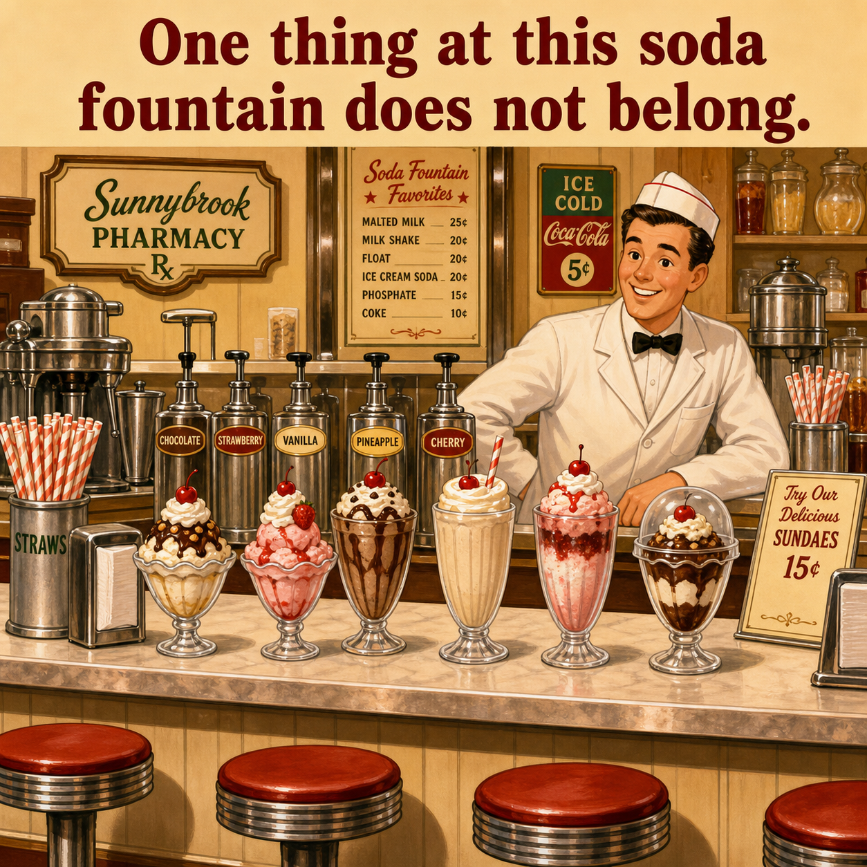 One Thing Does Not Belong at This Soda Fountain: Answer