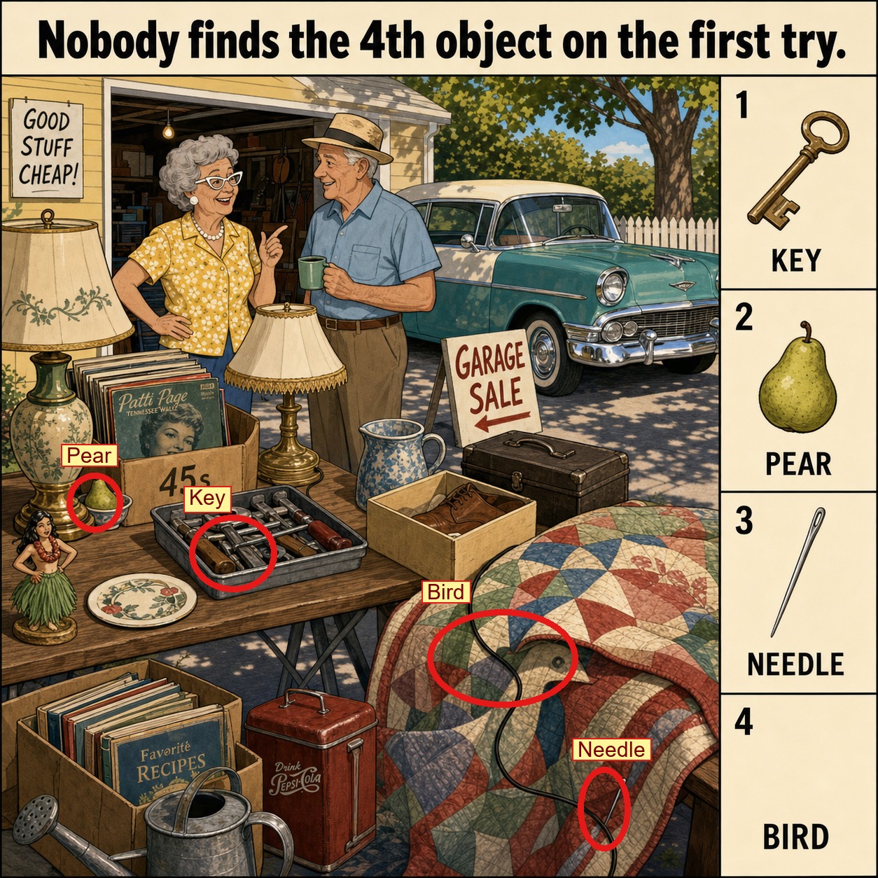 Can You Find All 4 Objects at the Garage Sale? answer image