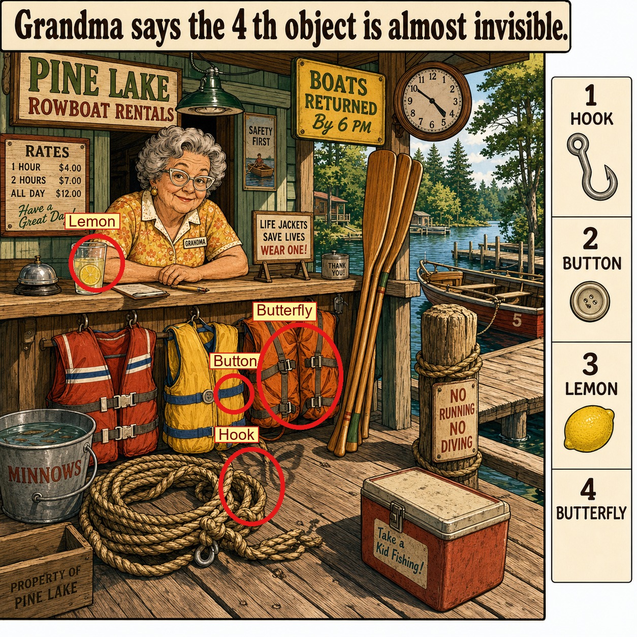 Can You Find All 4 Objects at the Rowboat Rental Shed? answer image