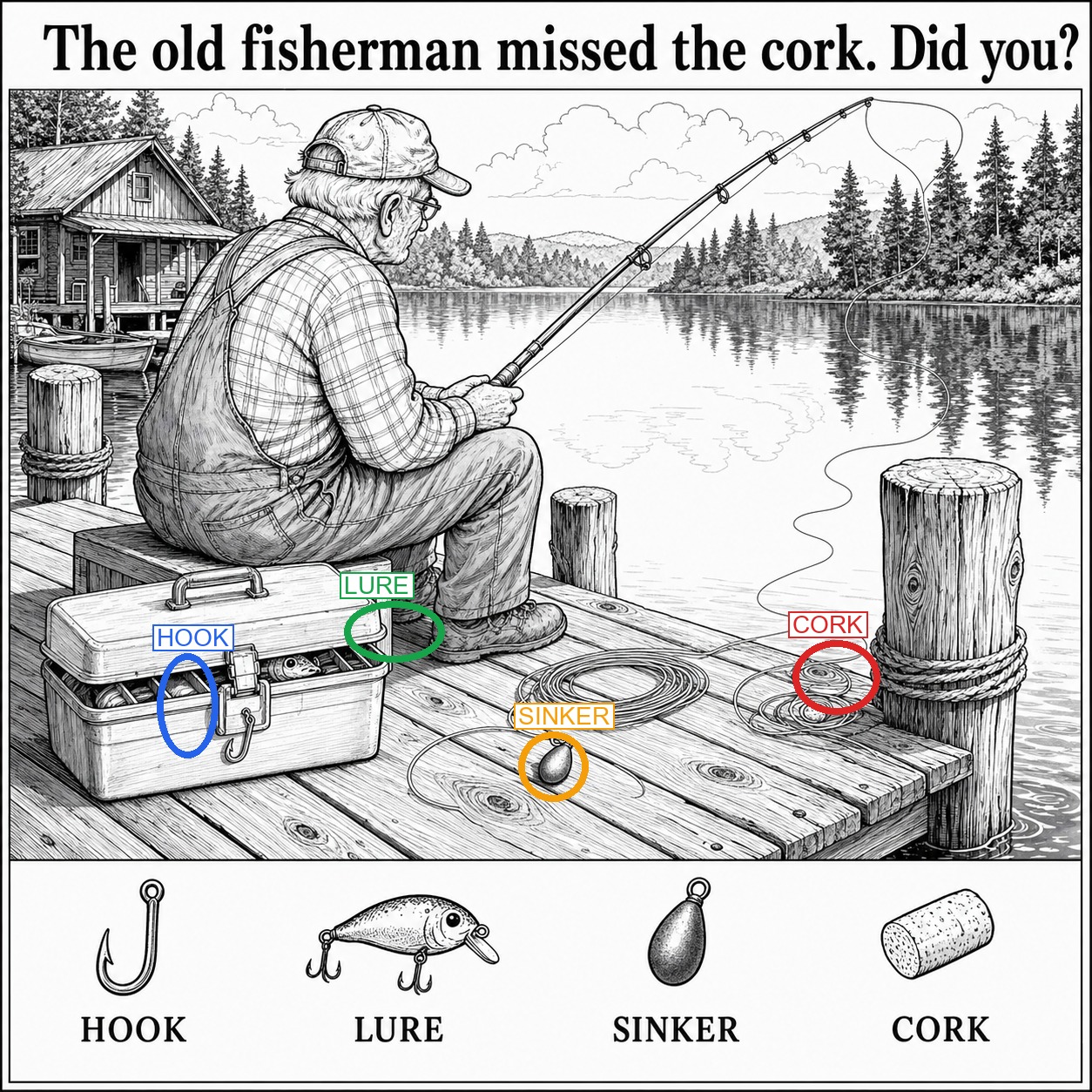 Can You Find the Hidden Cork on the Fishing Dock? answer image