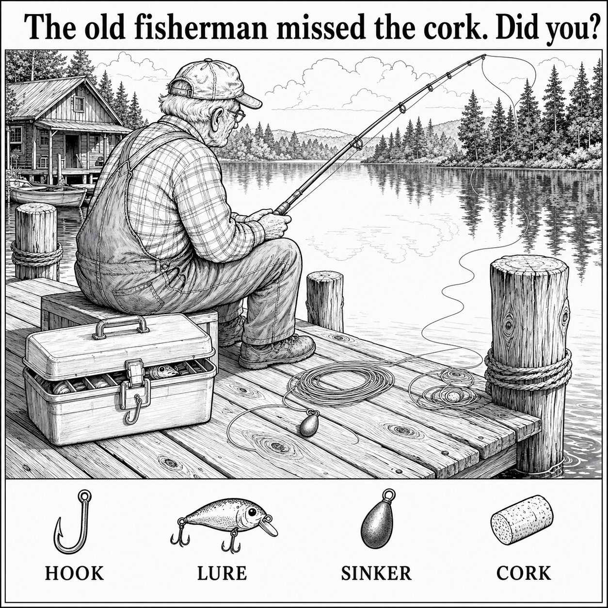 Can You Find the Hidden Cork on the Fishing Dock?