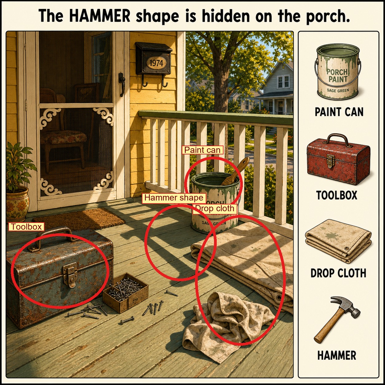 Can You Find the Hammer Shape on the Porch? answer image