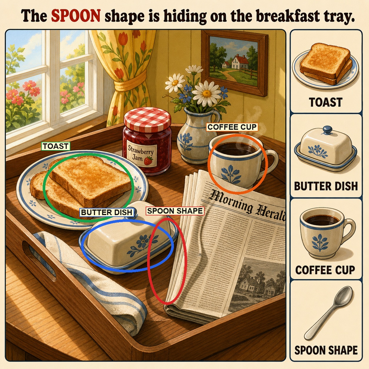 Can You Find the Spoon Shape on the Breakfast Tray? answer image