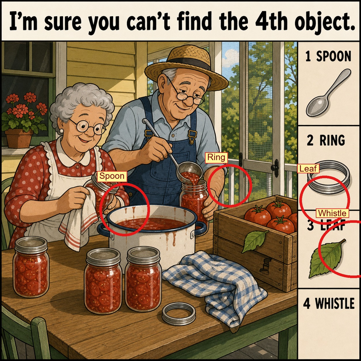 Can You Find All 4 Objects on the Canning Porch? answer image