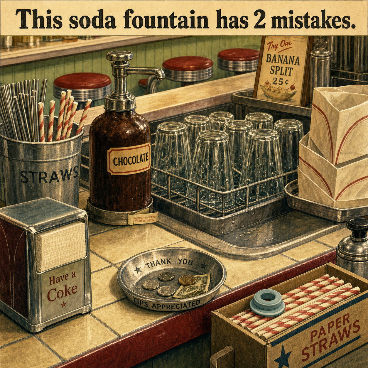 Two Mistakes at This 1950s Soda Fountain: Answer