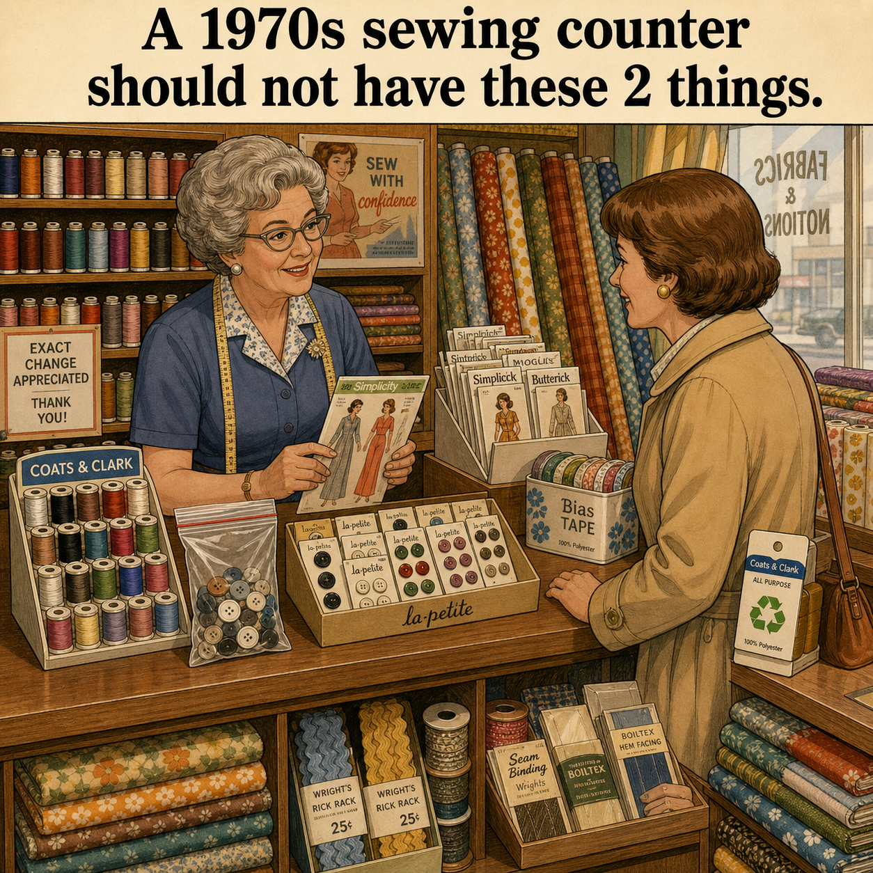 Two Things Are Wrong at This 1970s Sewing Counter: Answer