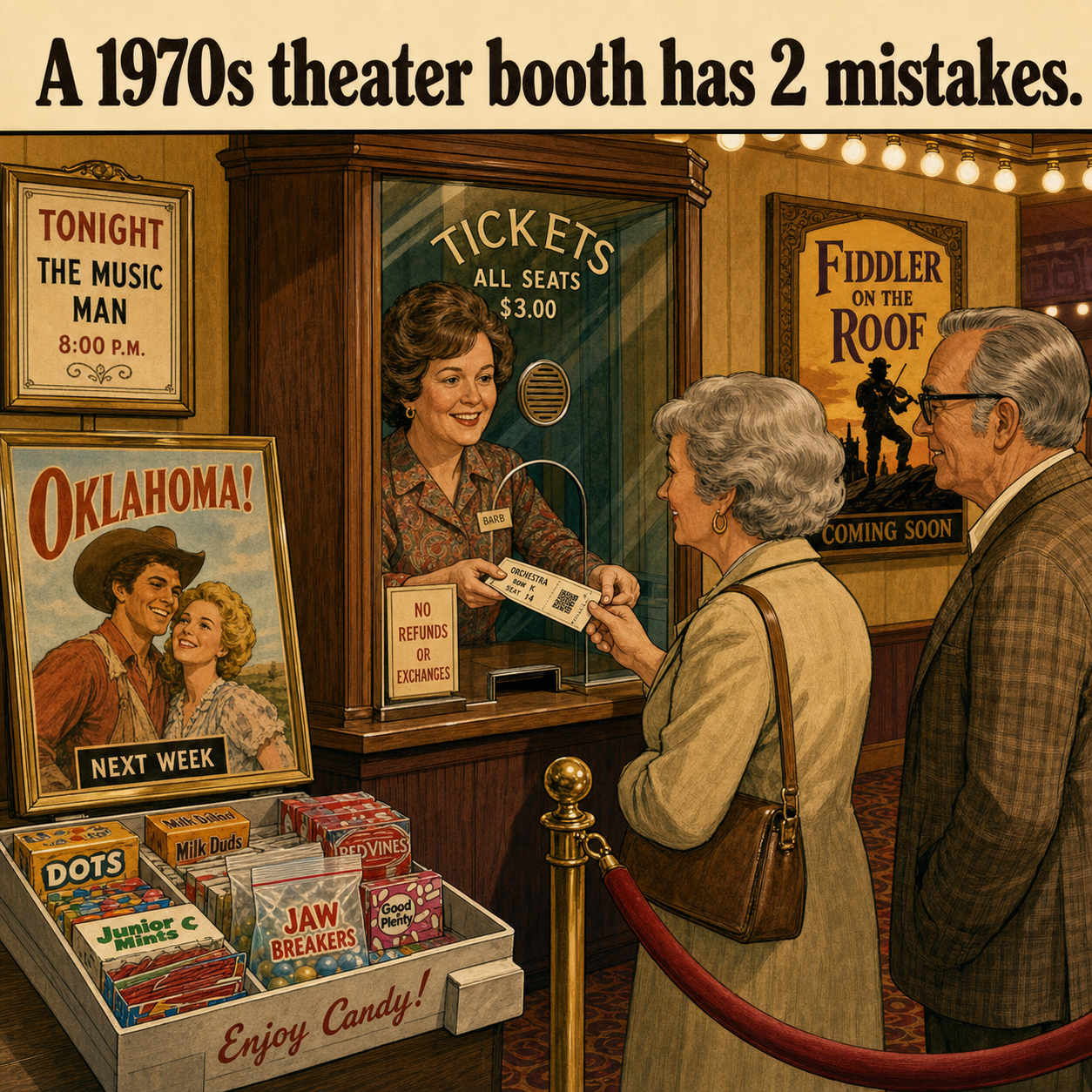 Two Mistakes at This 1970s Theater Booth: Answer