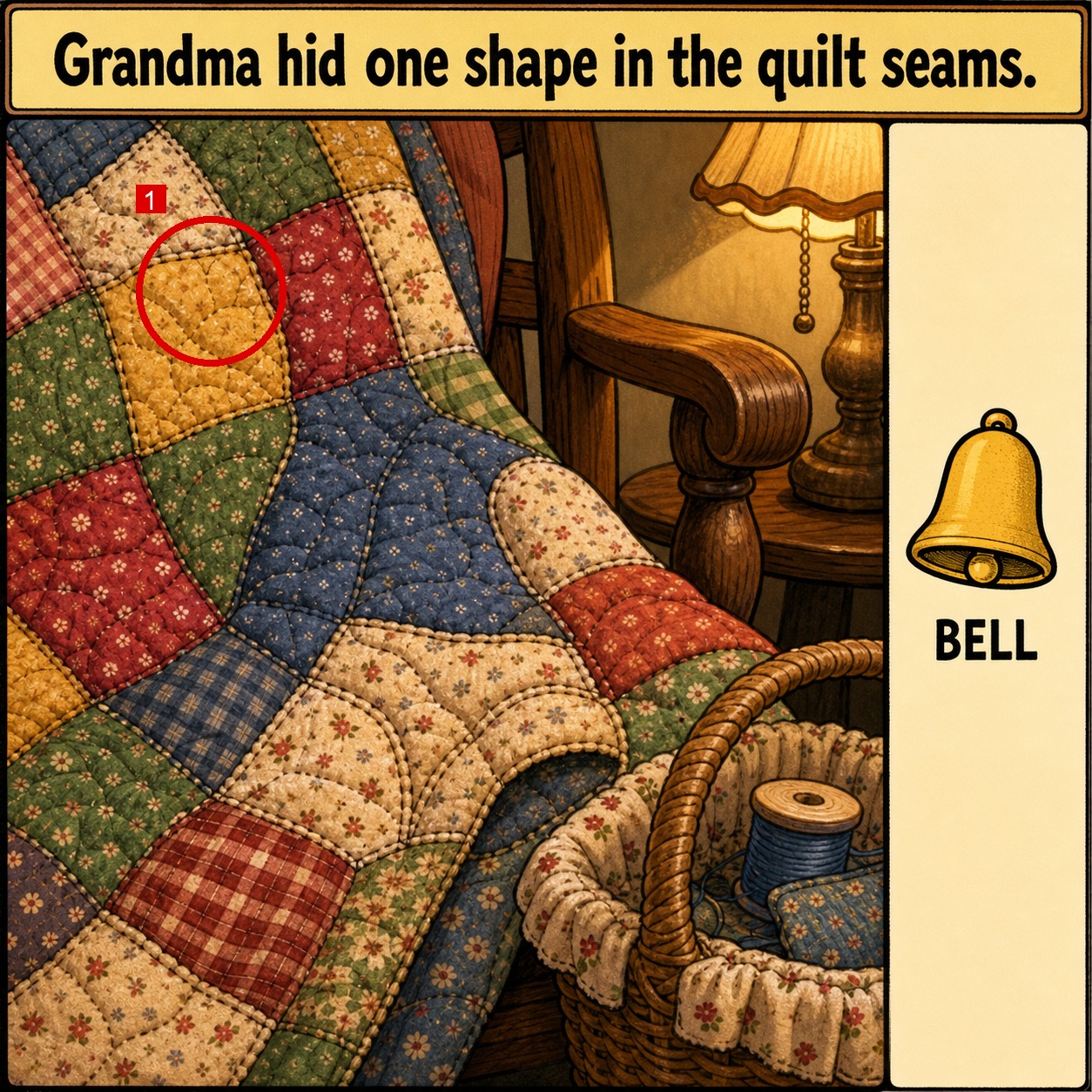 Can You Find the Hidden Bell in the Quilt Seams? answer image