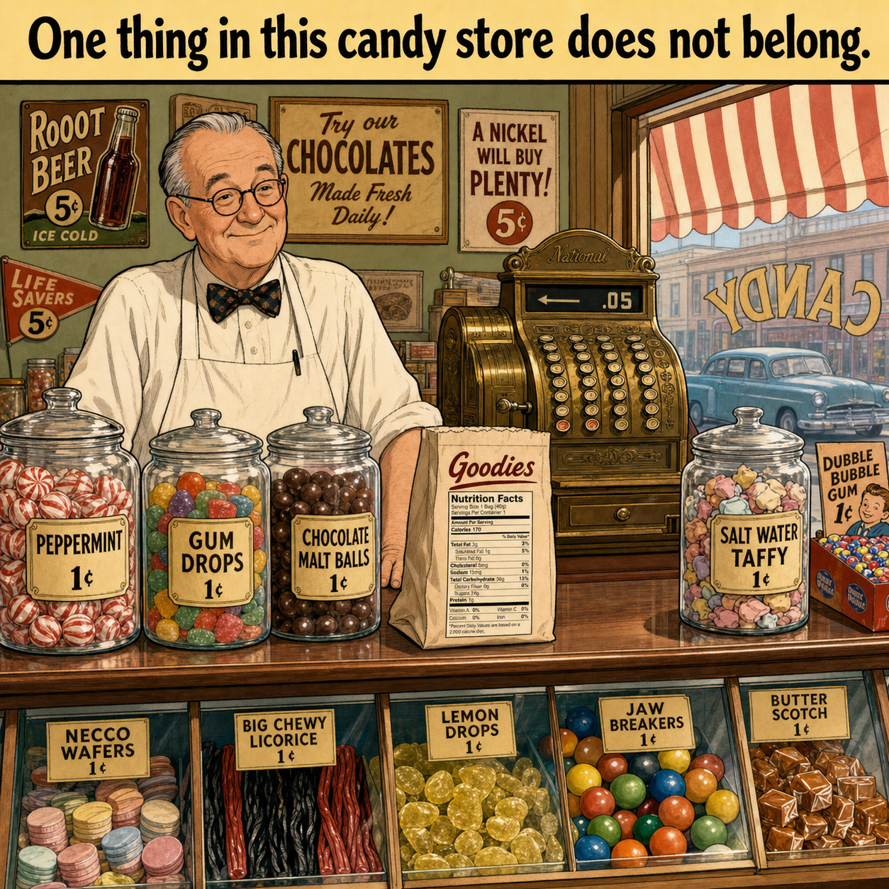 One Thing Does Not Belong in This 1950s Candy Store: Answer