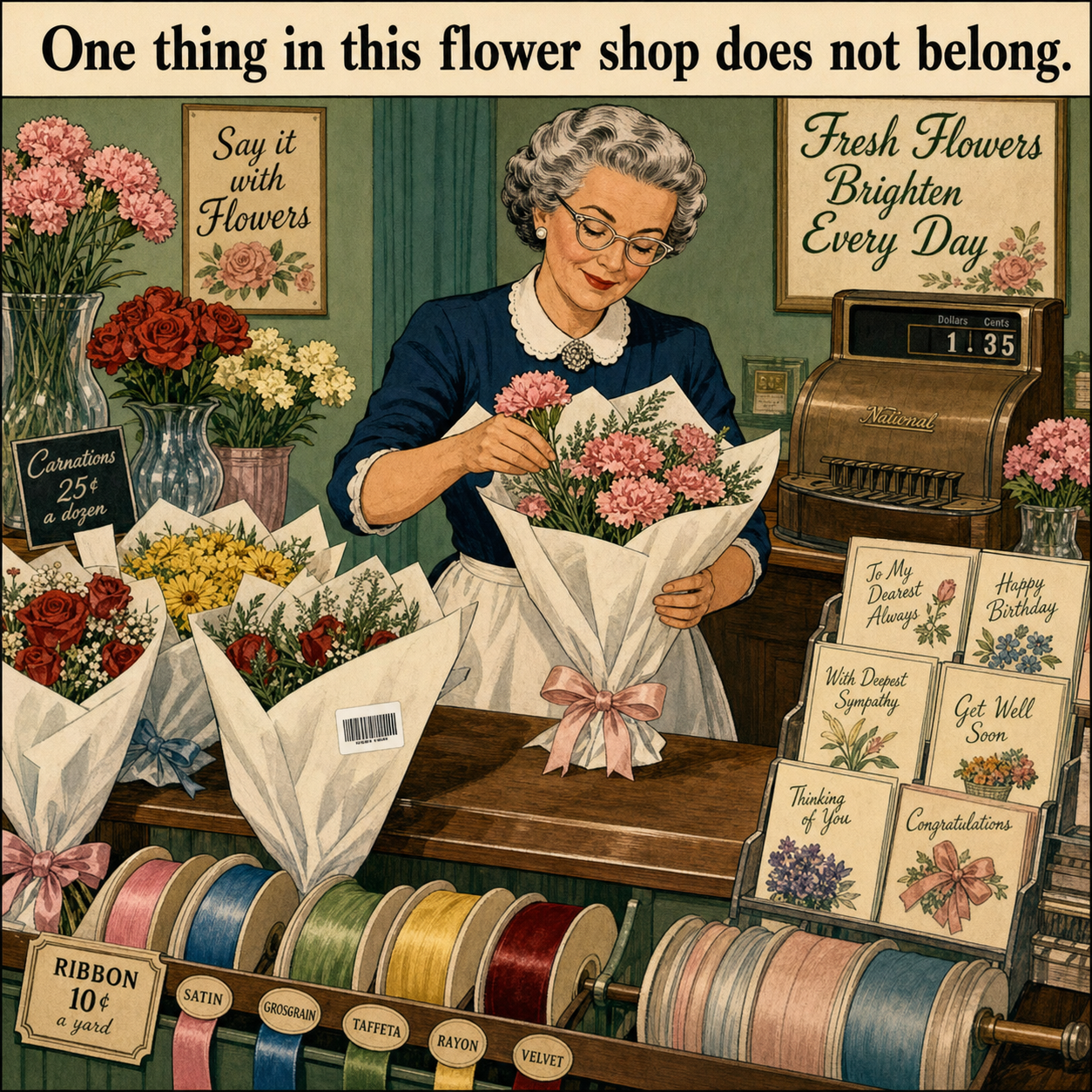 One Thing Does Not Belong in This 1950s Flower Shop: Answer