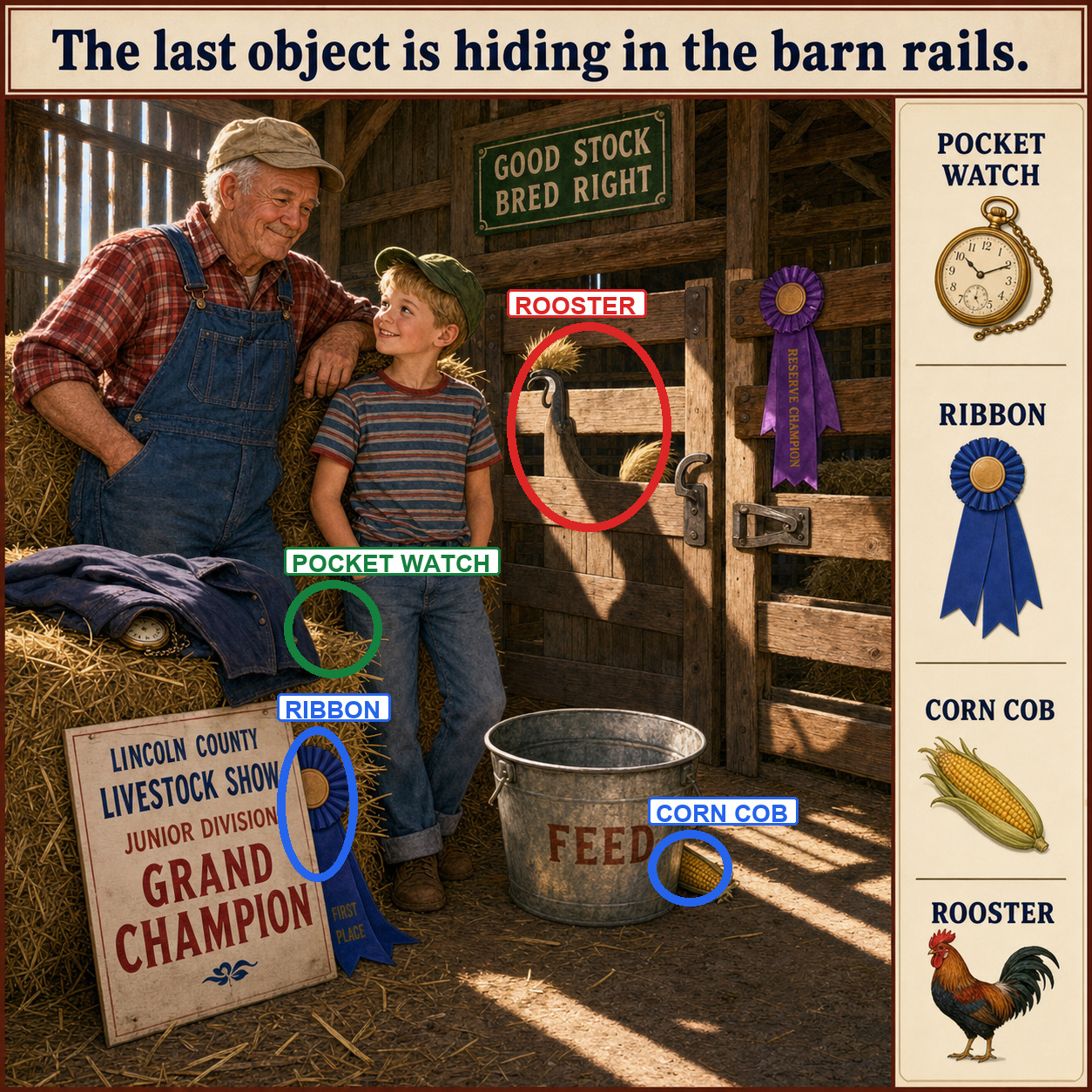 Answer: Four Hidden Objects in the County Fair Barn answer image