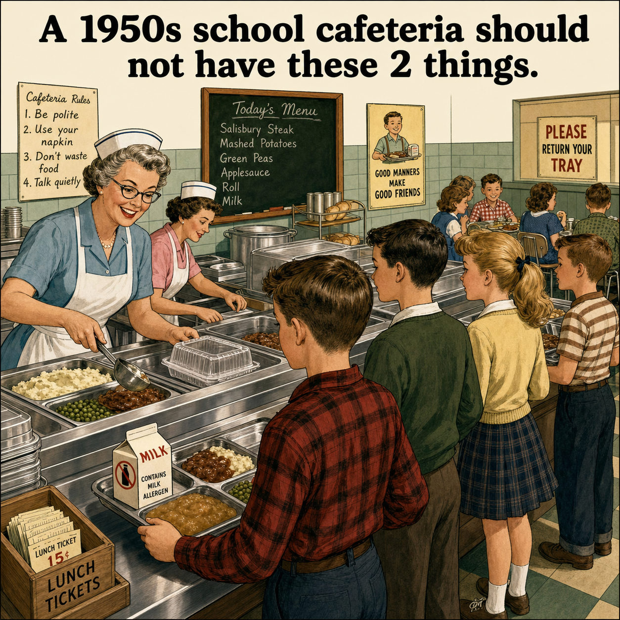 Two Things Are Wrong in This 1950s School Cafeteria: Answer