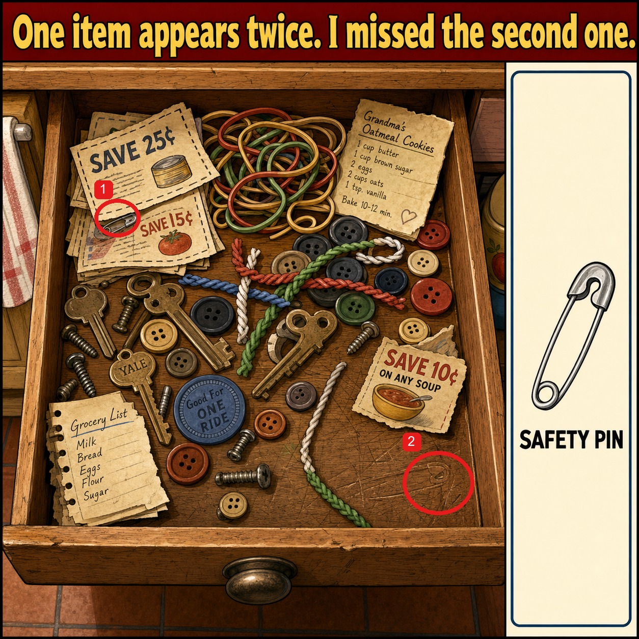 Can You Find Both Safety Pins in the Junk Drawer? answer image