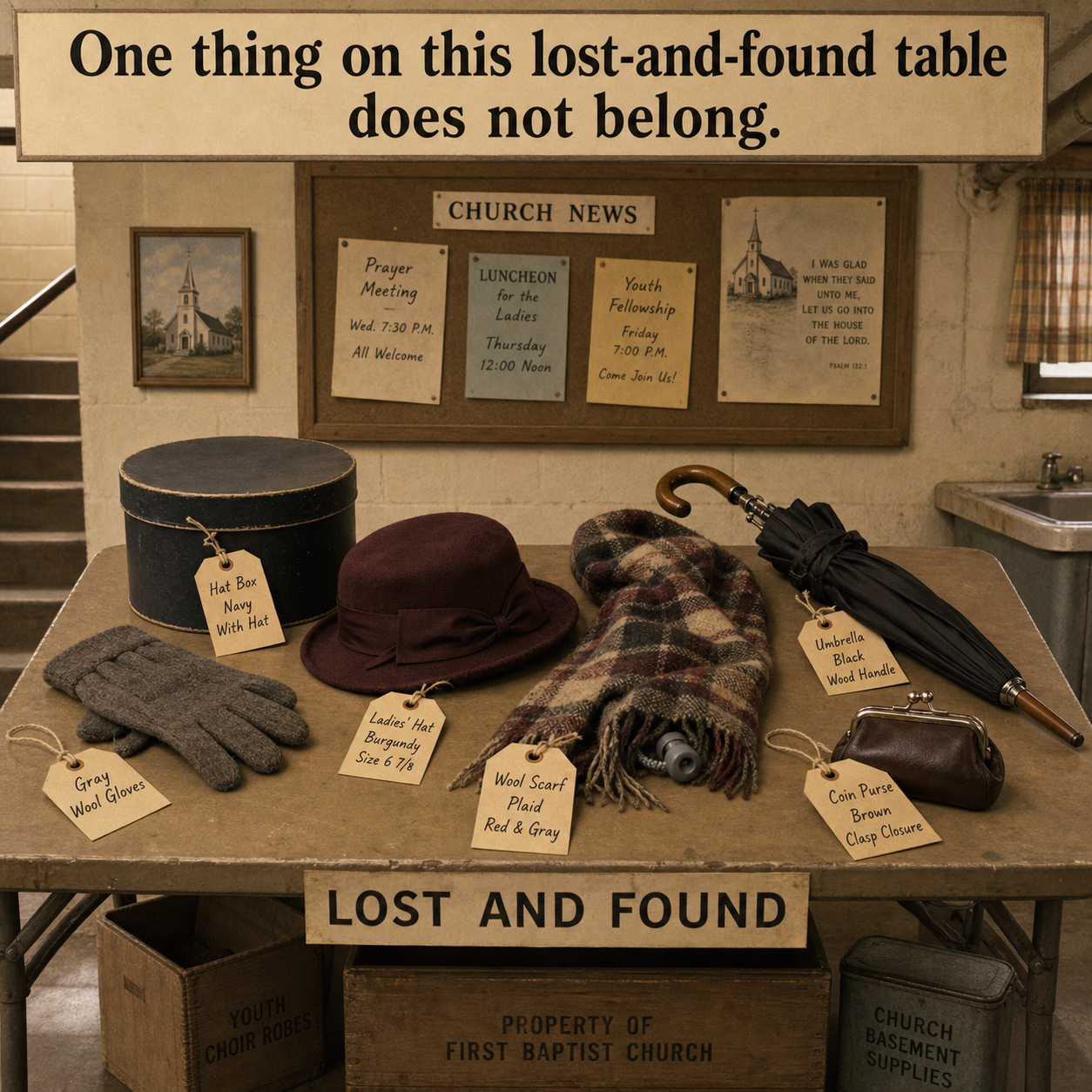 What Does Not Belong on This Lost-and-Found Table?