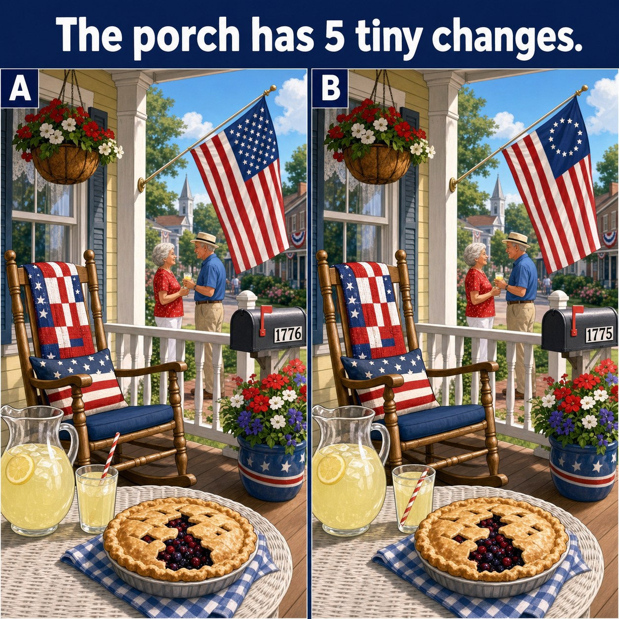 Find the 5 Differences on the Fourth of July Porch: Answer