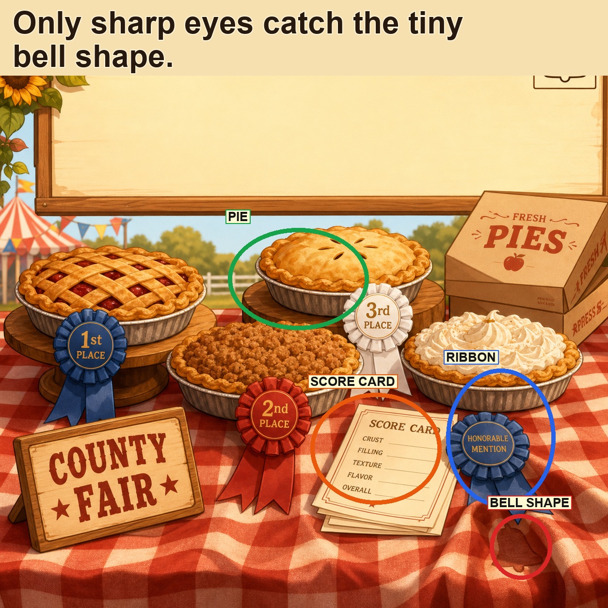 Can You Find the Tiny Bell Shape at the Pie Table? answer image