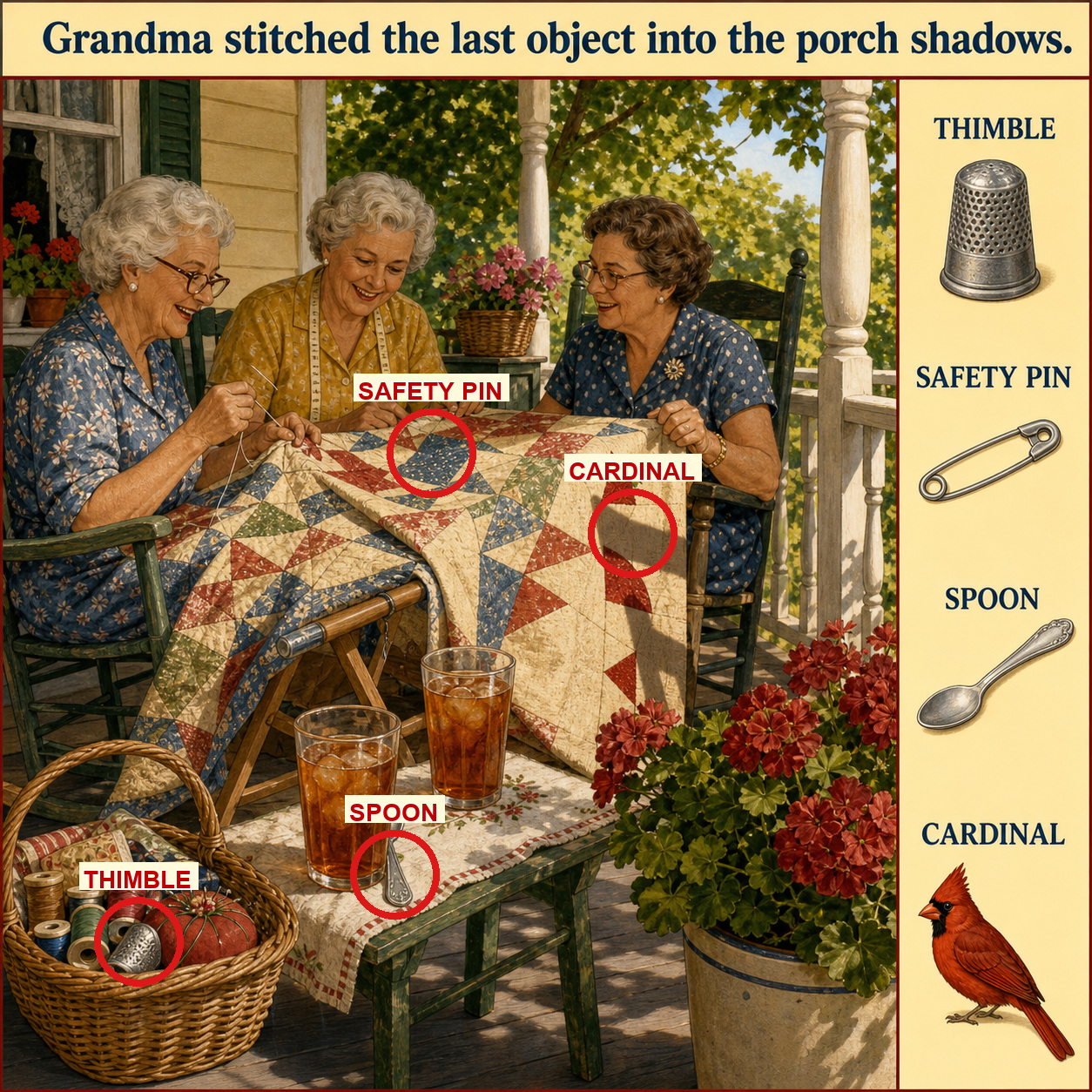 Answer: Four Hidden Objects at the Quilting Bee answer image
