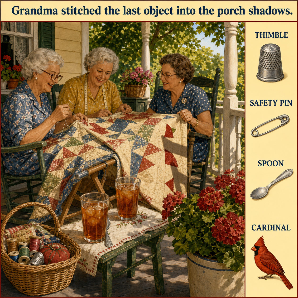 Answer: Four Hidden Objects at the Quilting Bee