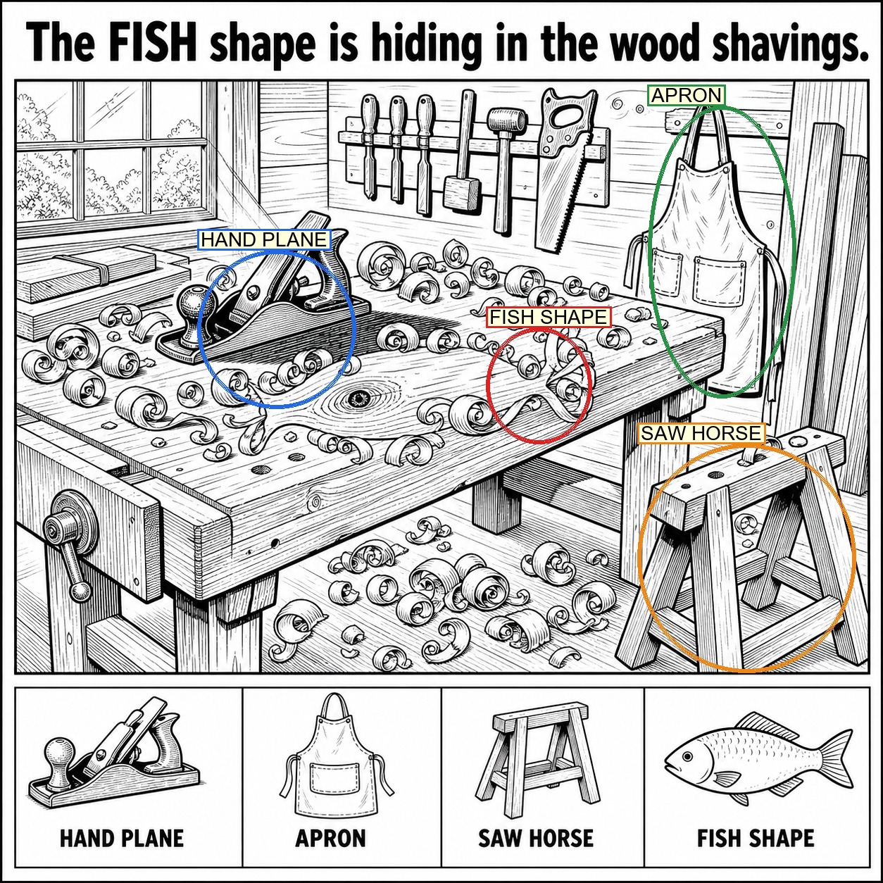 Can You Find the Fish Shape in the Wood Shavings? answer image