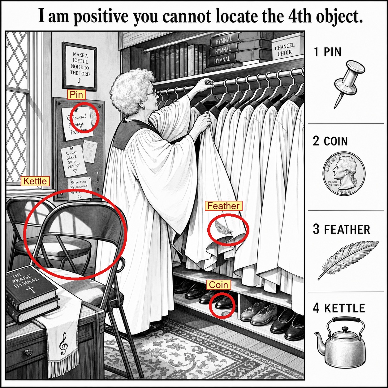 Can You Locate All 4 Objects in the Choir Robe Closet? answer image