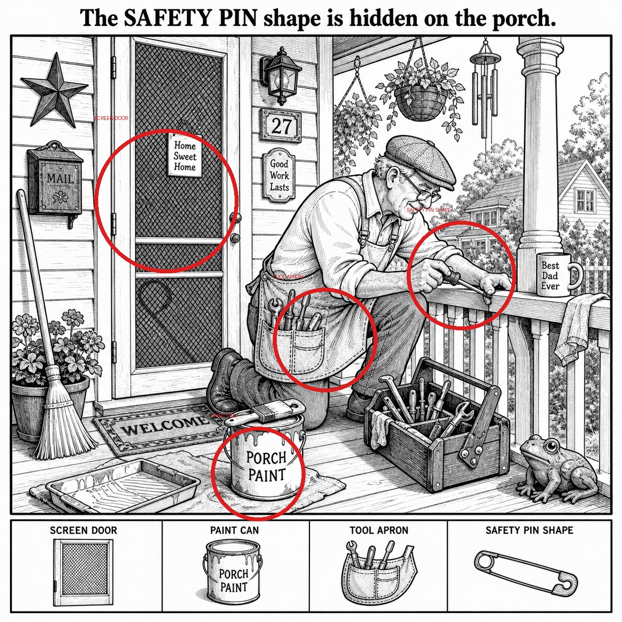 Can You Find the Safety Pin Shape on the Porch? answer image