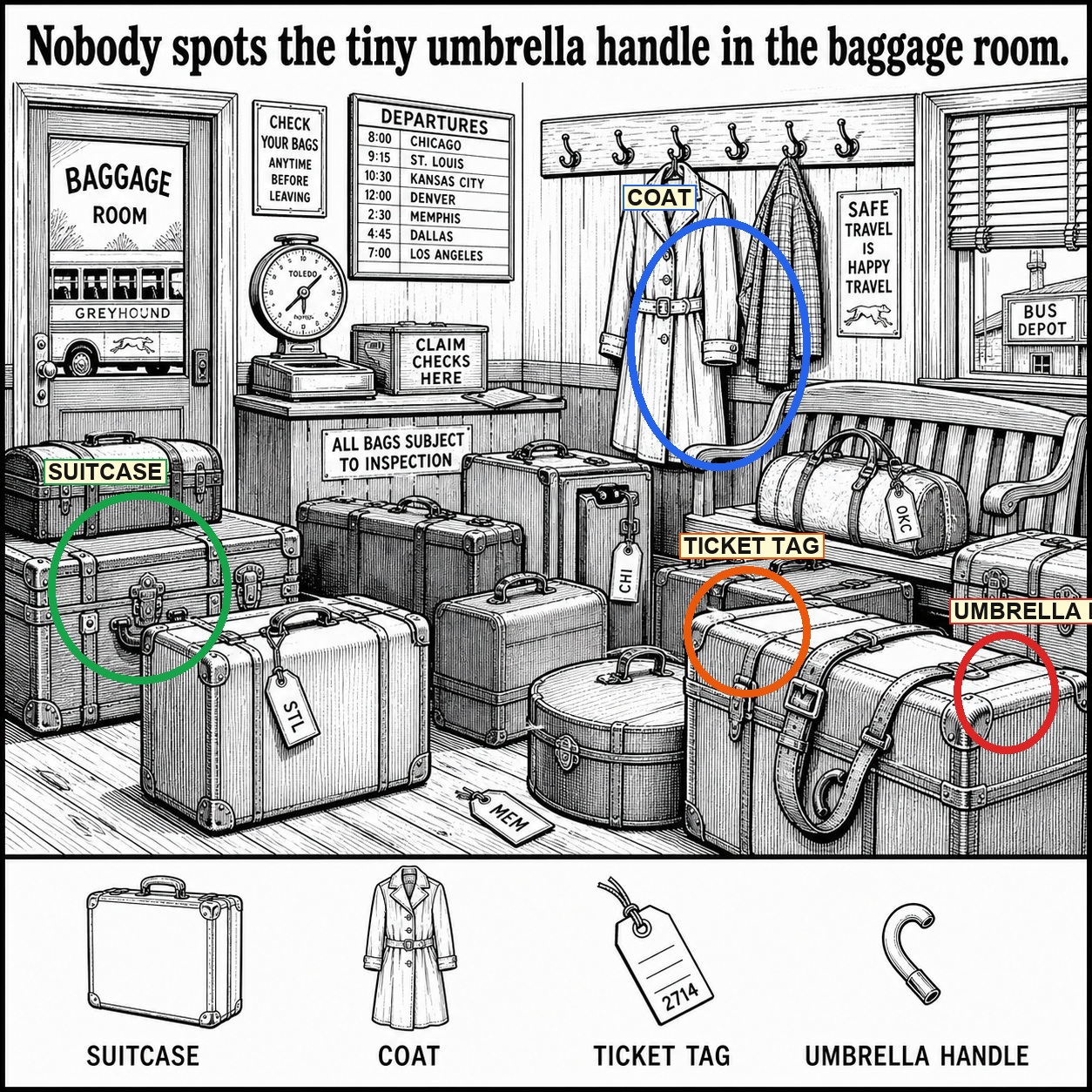 Can You Find the Umbrella Handle in the Baggage Room? answer image