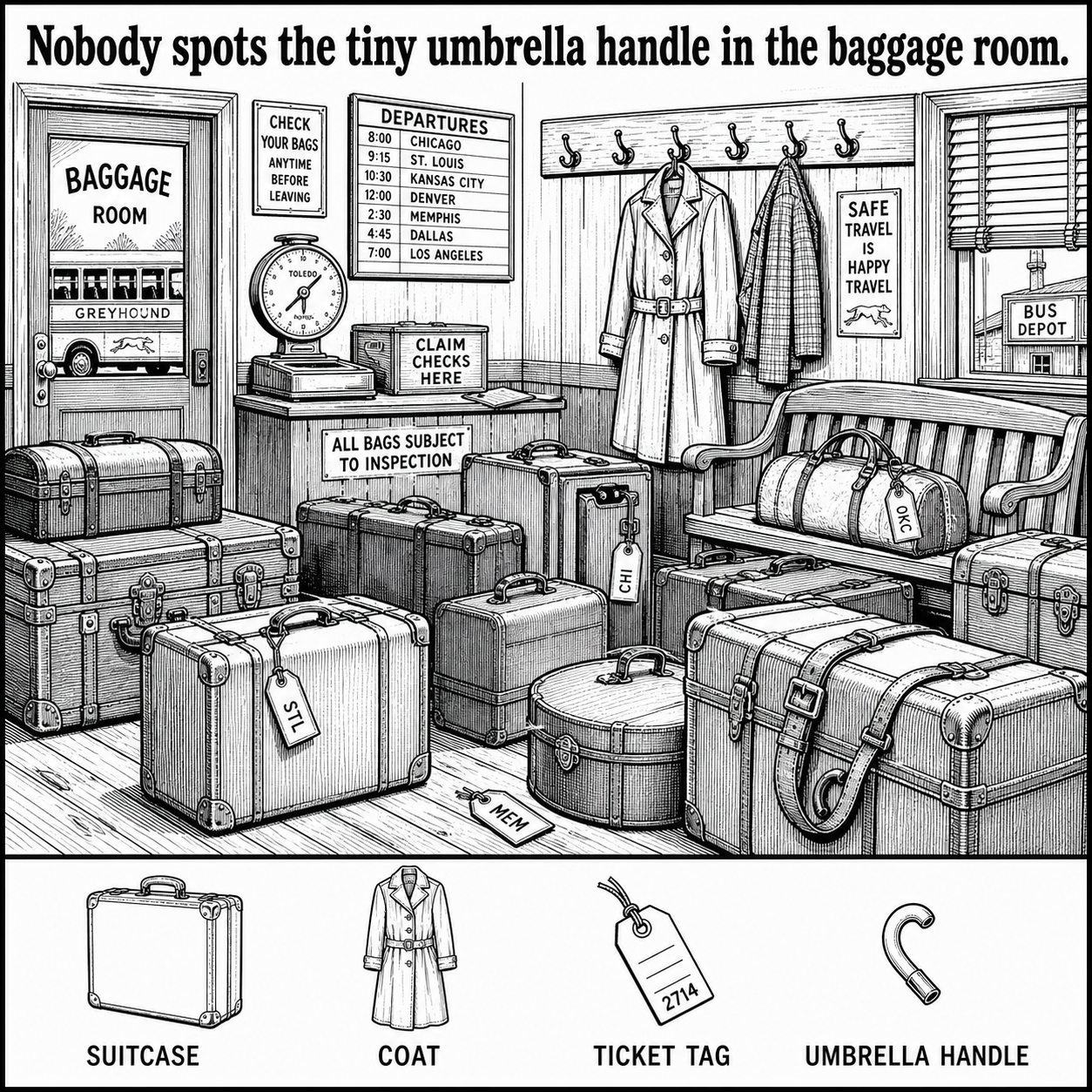 Can You Find the Umbrella Handle in the Baggage Room?
