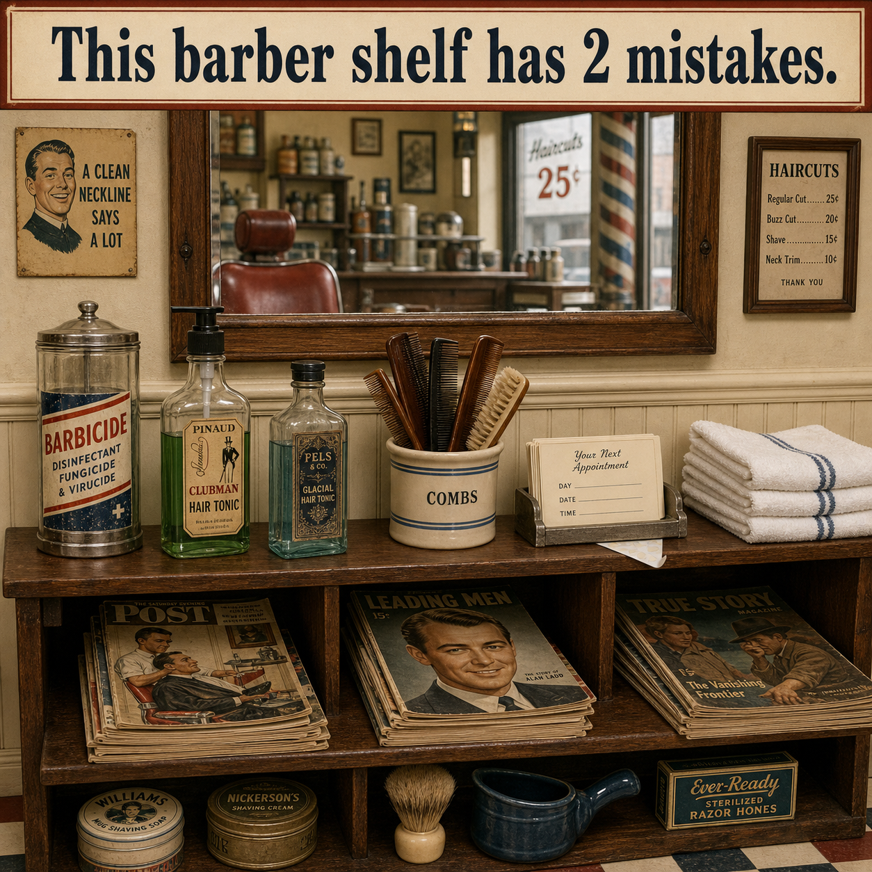 Two Mistakes on This 1950s Barber Shelf: Answer