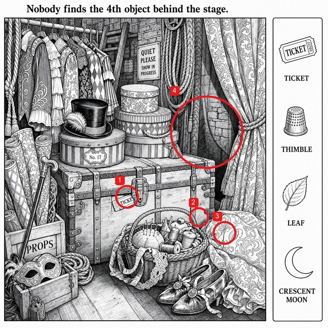 Can You Find All 4 Objects Behind the Theater Stage? answer image