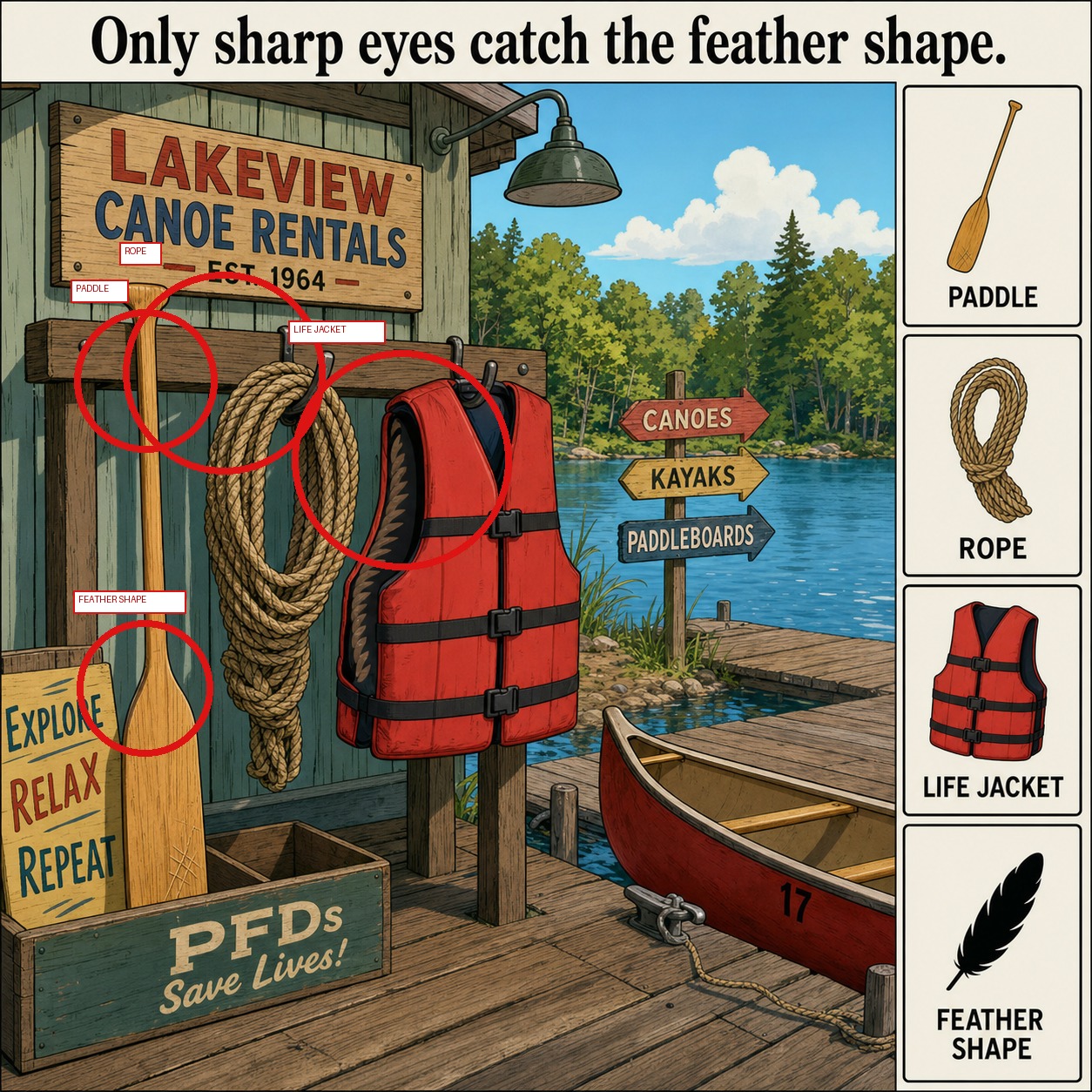 Can You Find the Feather Shape at the Canoe Rental? answer image