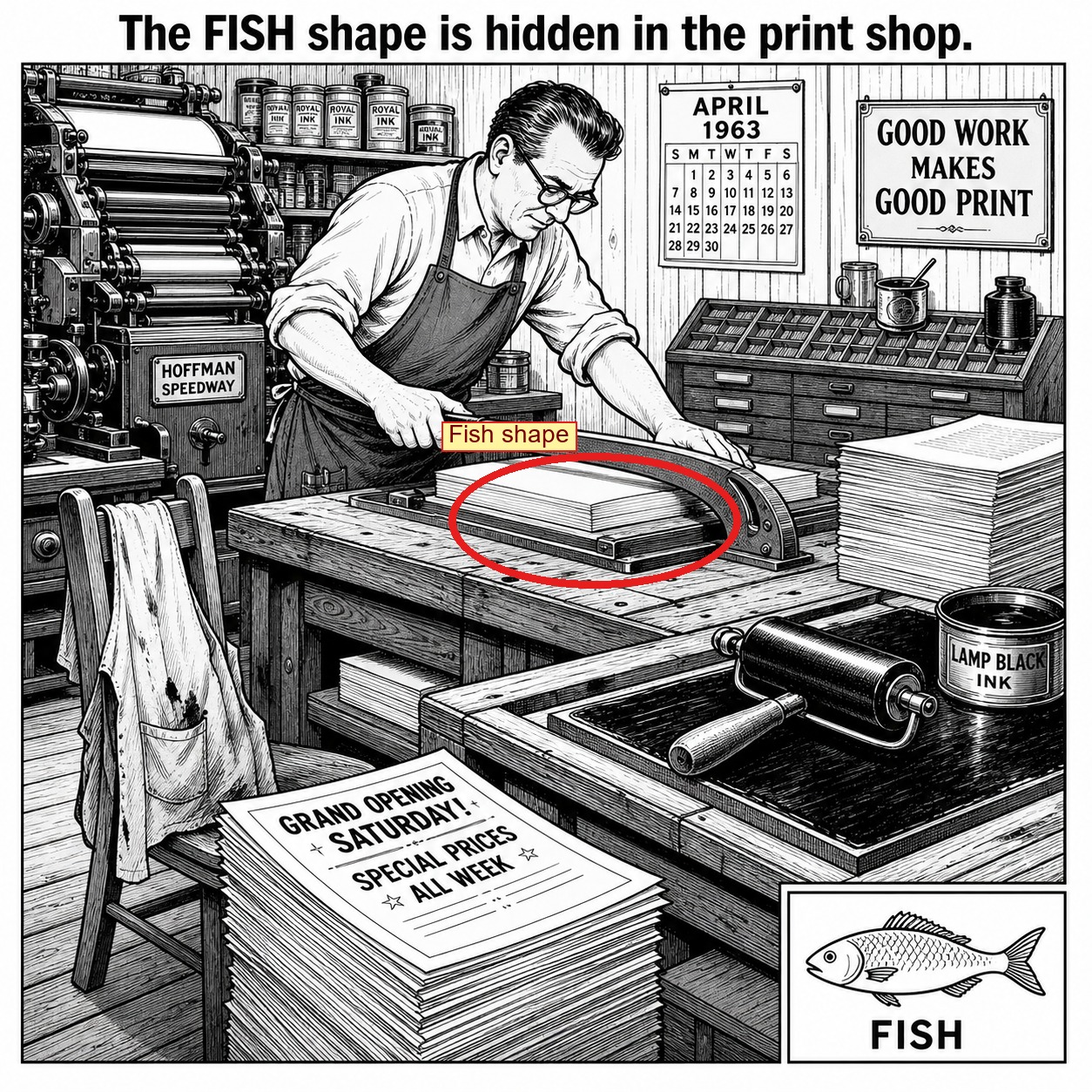 Can You Find the Fish Shape in the Print Shop? answer image