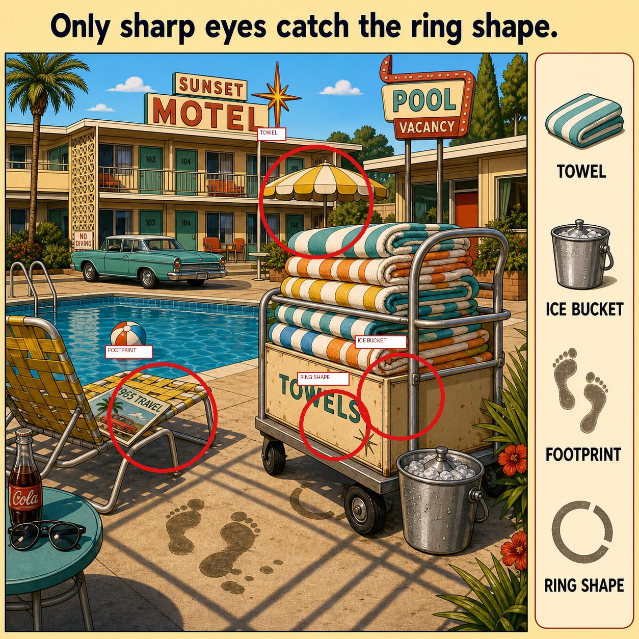 Can You Find the Ring Shape by the Motel Pool? answer image