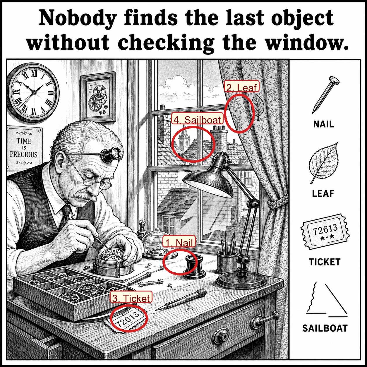 Can You Find All 4 Objects on the Watchmaker's Bench? answer image