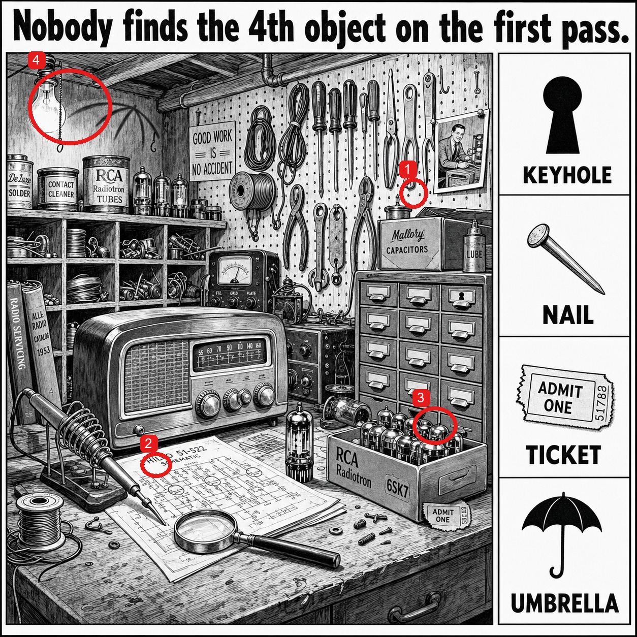 Can You Find All 4 Objects on the Radio Repair Bench? answer image