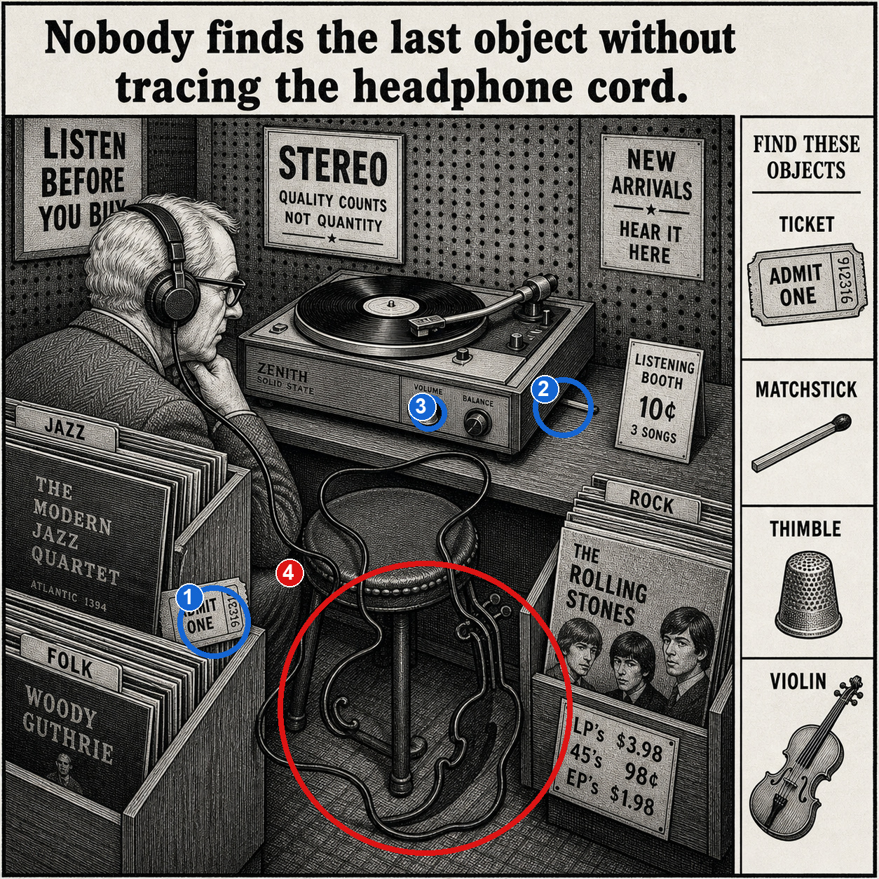 Can You Find All 4 Objects in the Record Shop? answer image